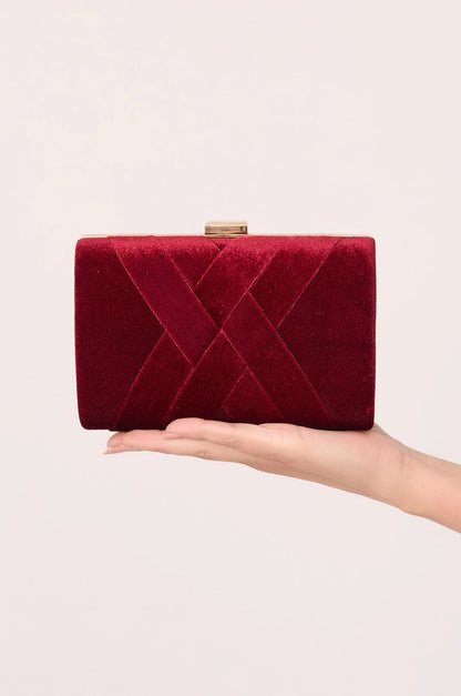 Marjorie Plait Velvet Structured Clutch - Burgundy