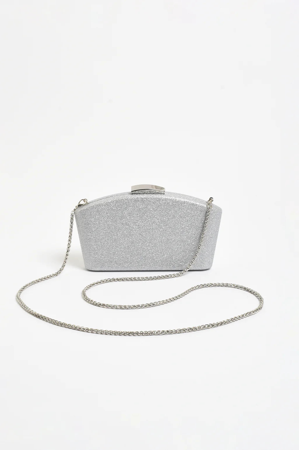 Valencia Glitter Curve Top Structured Clutch - Silver
