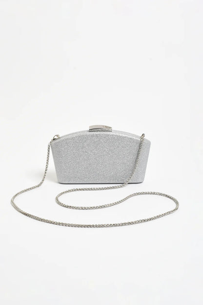 Valencia Glitter Curve Top Structured Clutch - Silver