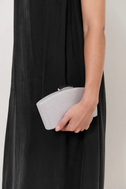 Valencia Glitter Curve Top Structured Clutch - Silver
