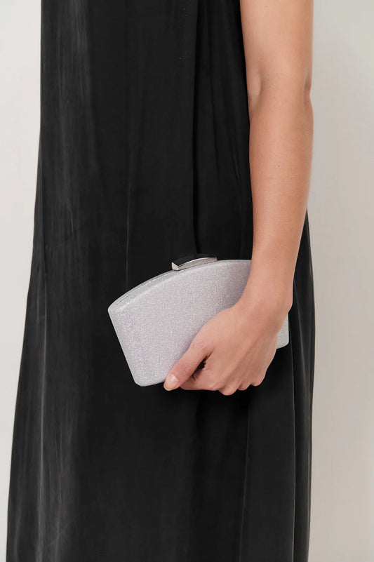 Valencia Glitter Curve Top Structured Clutch - Silver