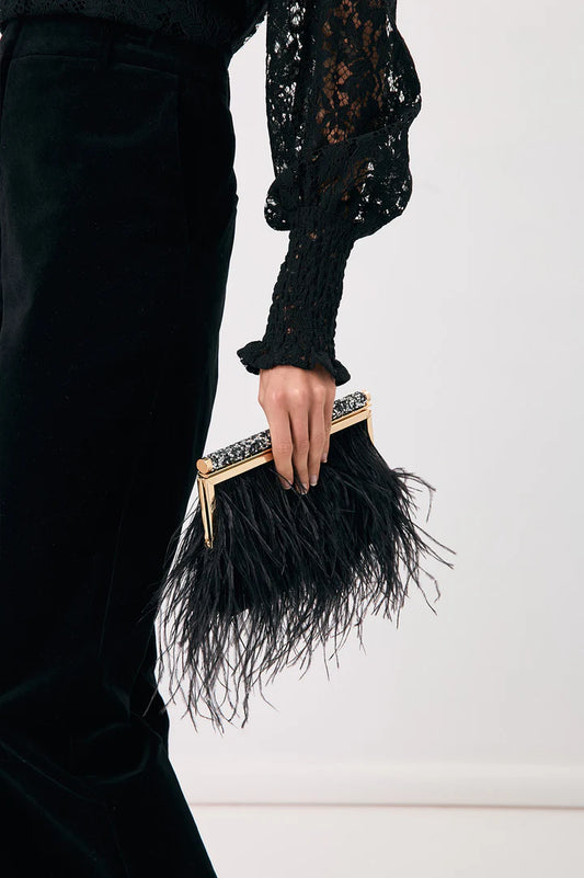 Mirabelle Feather and Diamante Clutch in Black