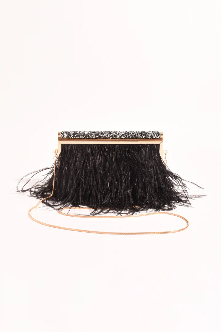 Mirabelle Feather and Diamante Clutch in Black