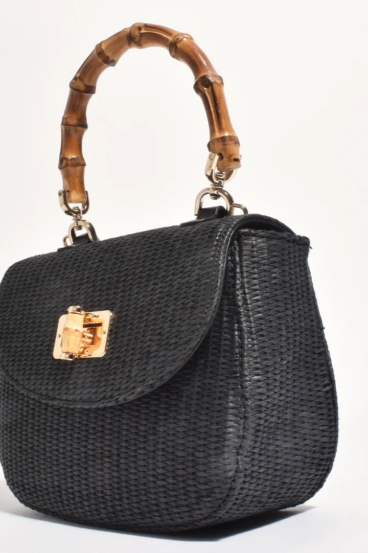 Marissa Woven Bamboo Curved Mini Bag - Black