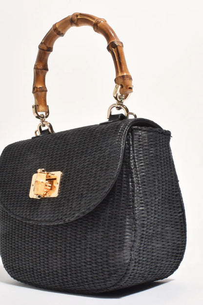 Marissa Woven Bamboo Curved Mini Bag - Black