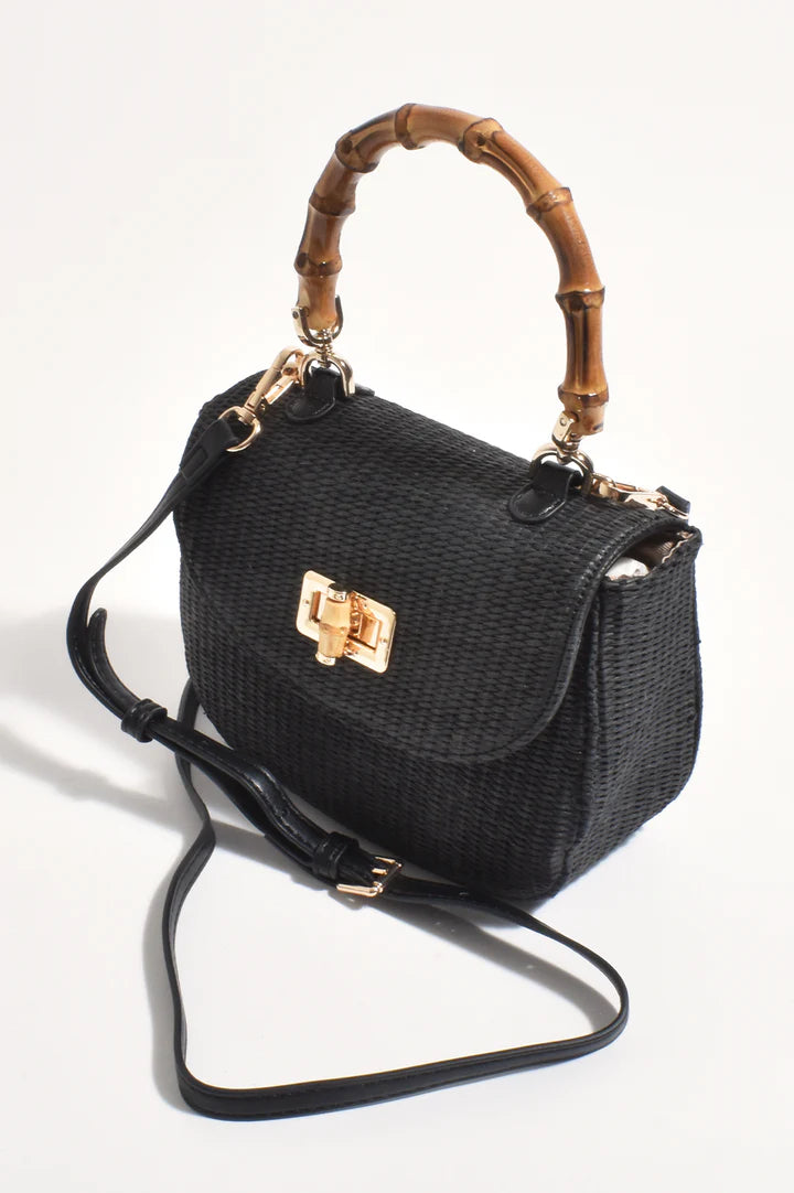 Marissa Woven Bamboo Curved Mini Bag - Black