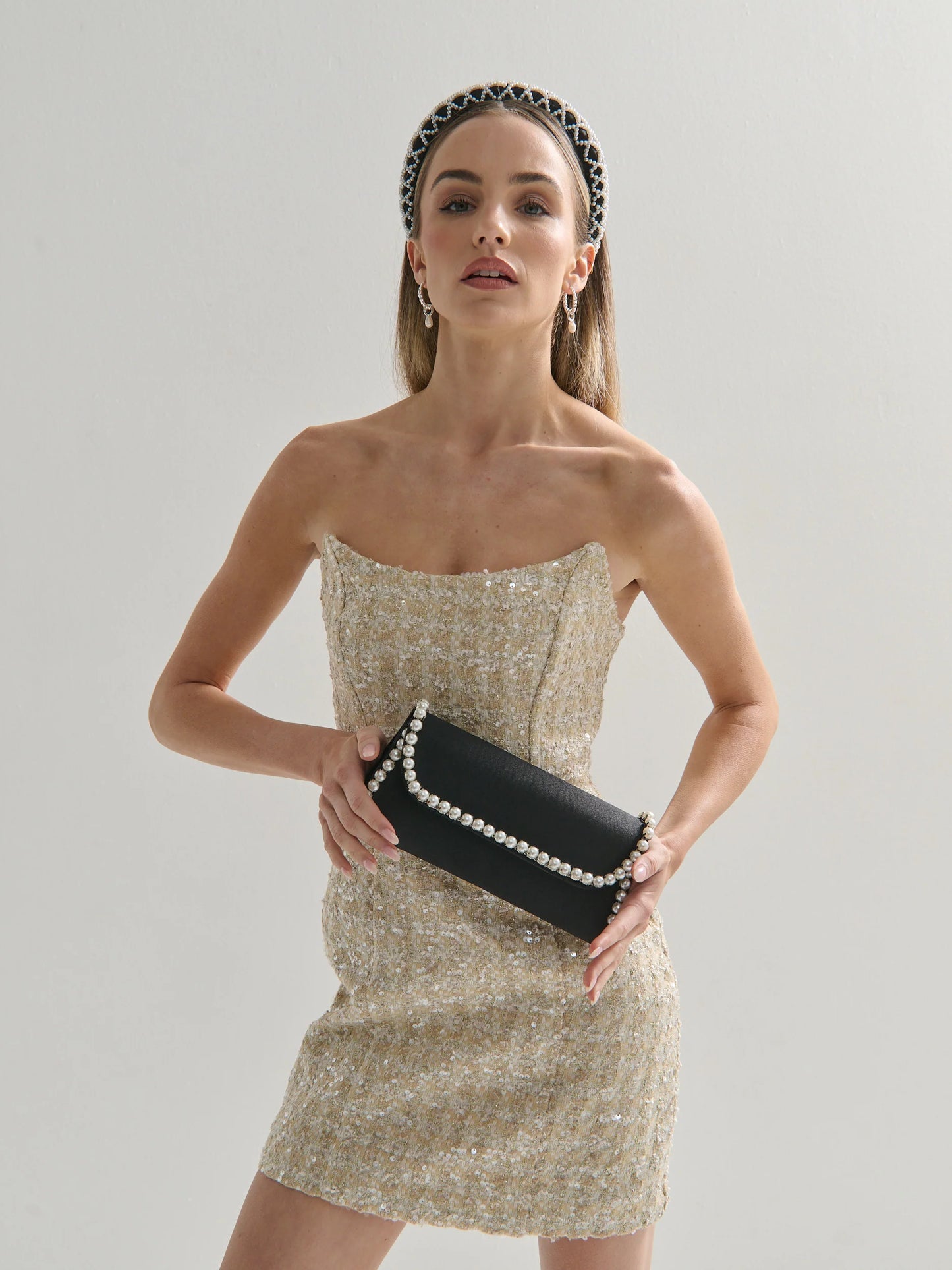 Yvette Pearl Trim Clutch Bag - Black