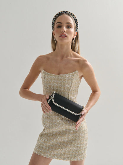 Yvette Pearl Trim Clutch Bag - Black