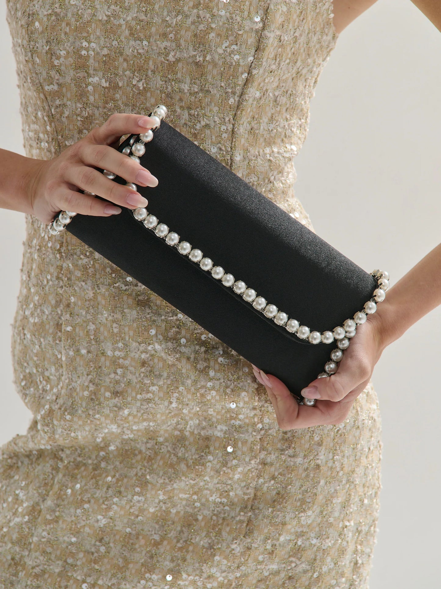 Yvette Pearl Trim Clutch Bag - Black
