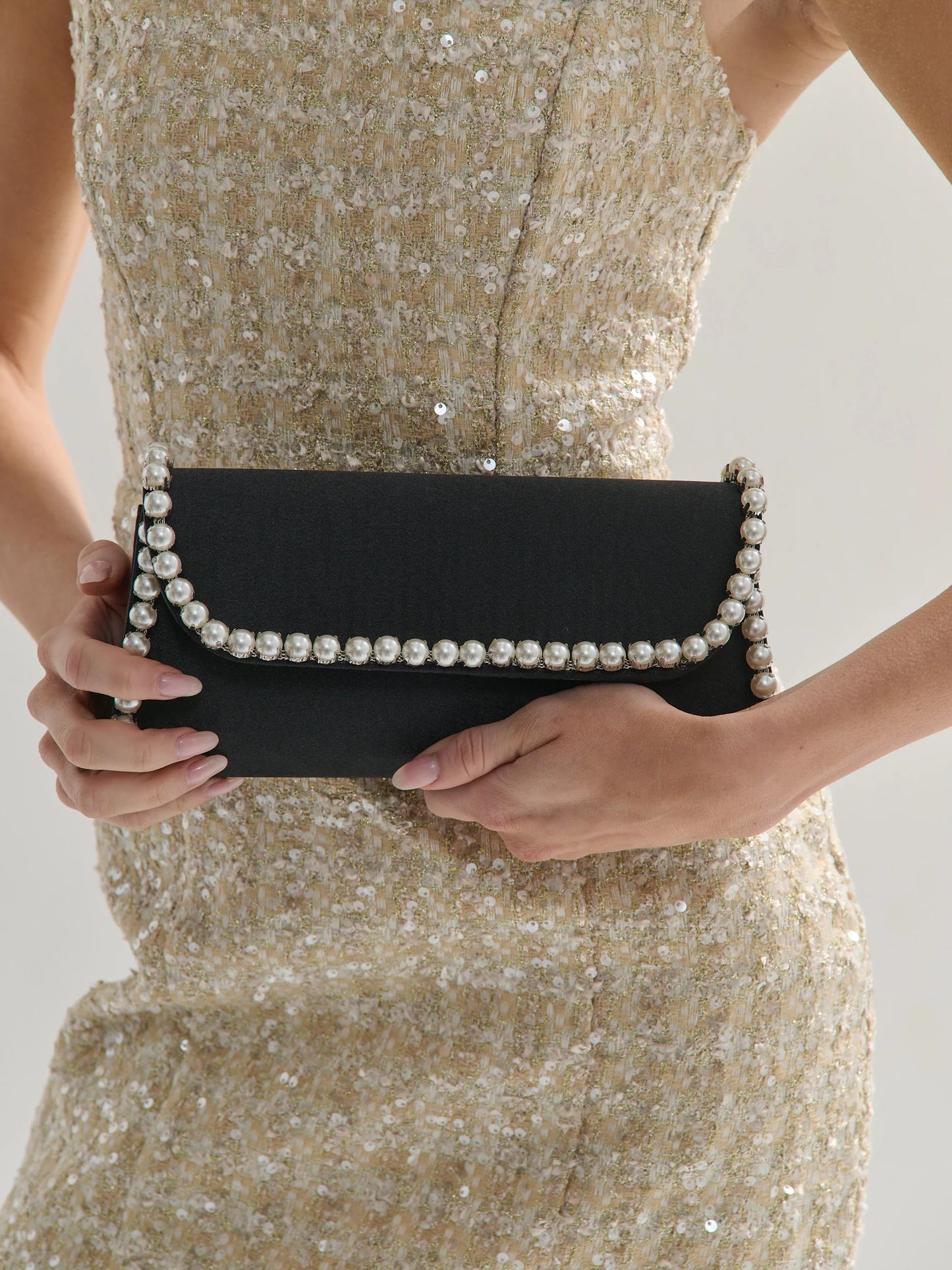 Yvette Pearl Trim Clutch Bag - Black