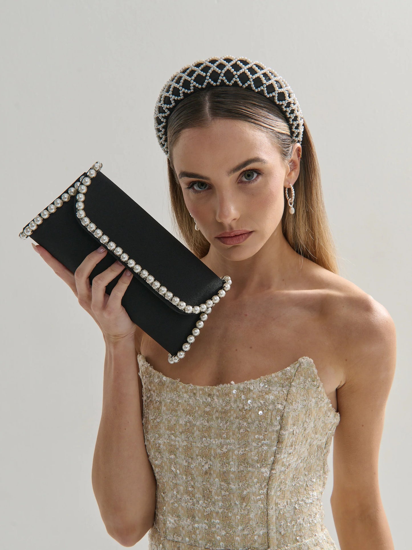 Yvette Pearl Trim Clutch Bag - Black