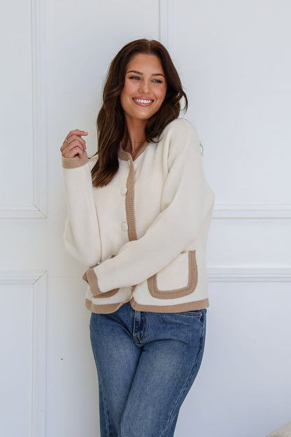 Sloane Contrast Trim Cardigan - Winter White/ Camel