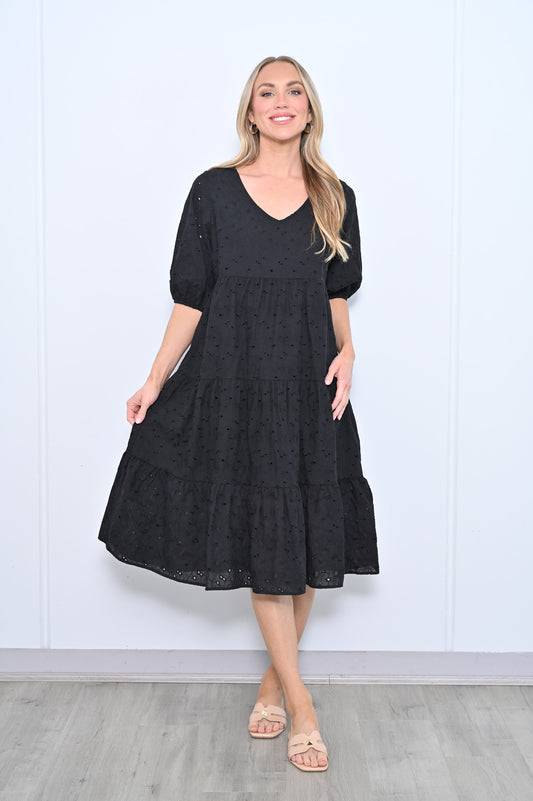 Veronica Broderie Lace Tiered Midi Dress - Black