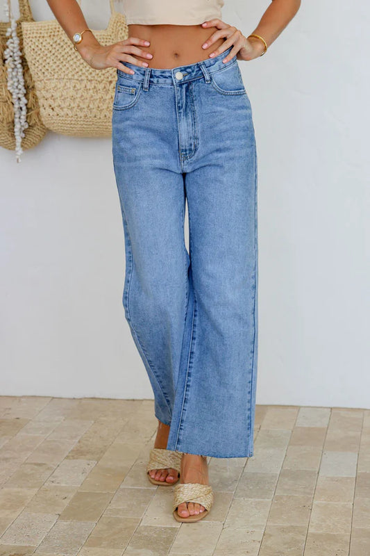 Country Denim Vintage Raw Hem Wide Leg Jean - Light Blue