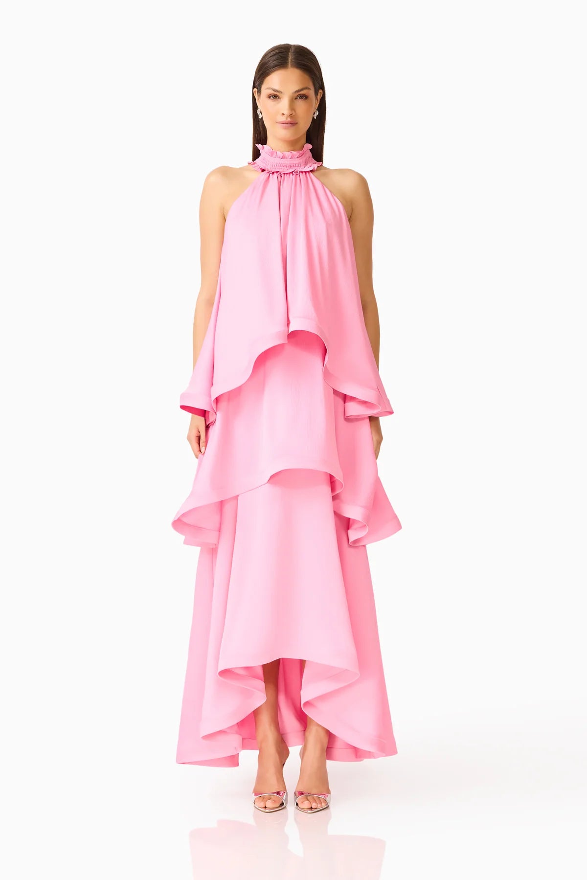 Elliatt Calista Ruffle neck Tiered Gown - Pink