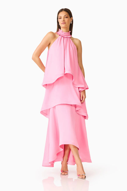 Elliatt Calista Ruffle neck Tiered Gown - Pink