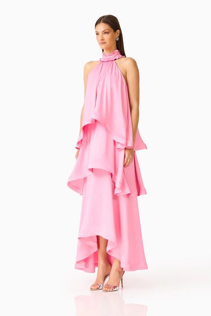 Elliatt Calista Ruffle neck Tiered Gown - Pink