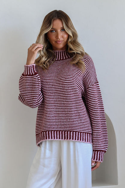 Billie Blanket Stitch Knit - Wine/Pink
