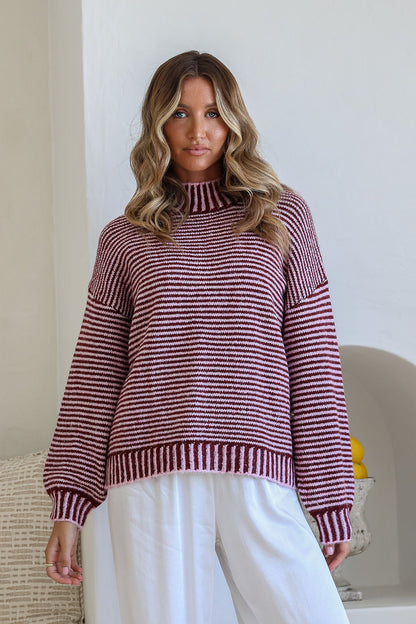 Billie Blanket Stitch Knit - Wine/Pink