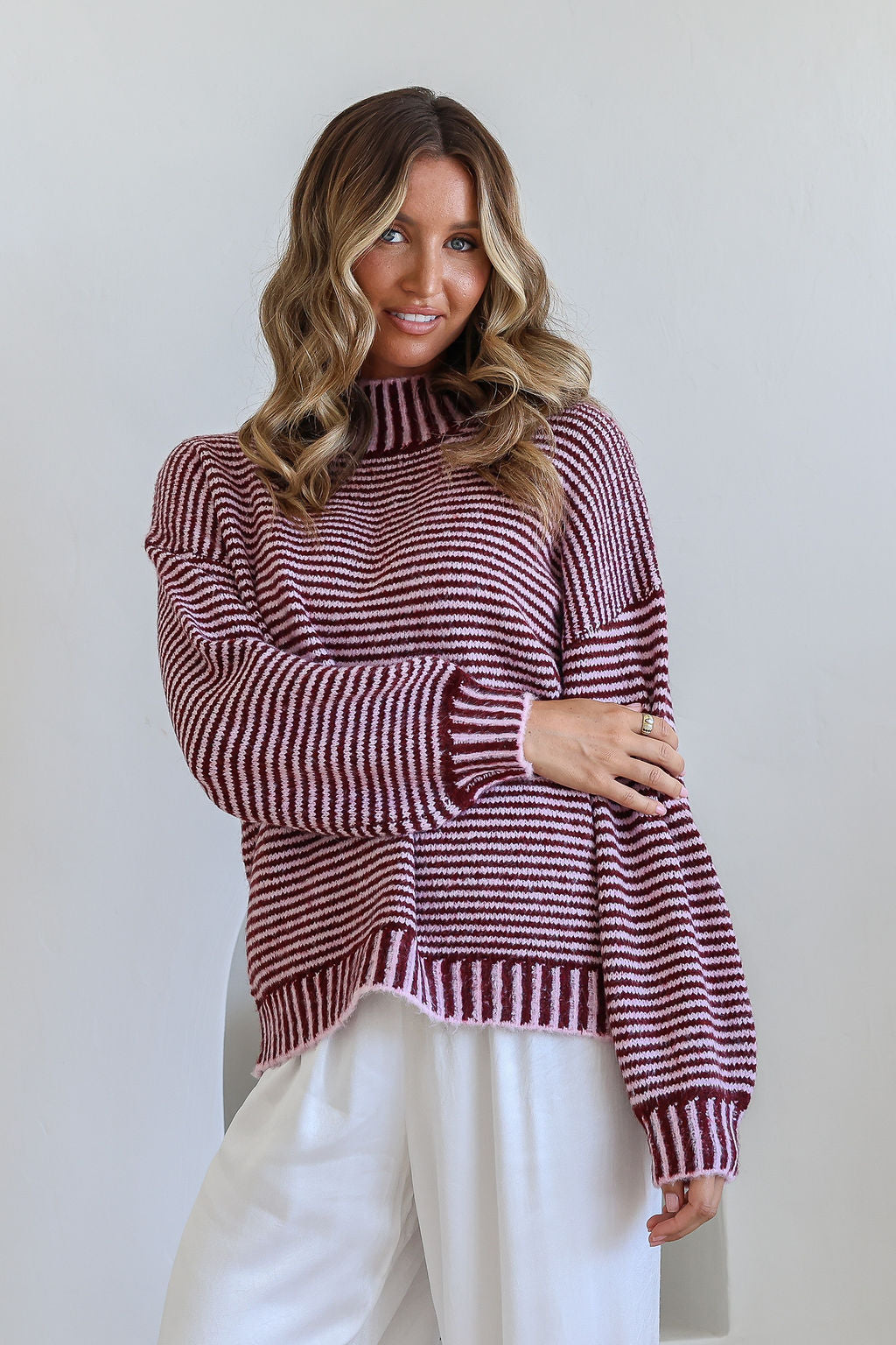 Billie Blanket Stitch Knit - Wine/Pink