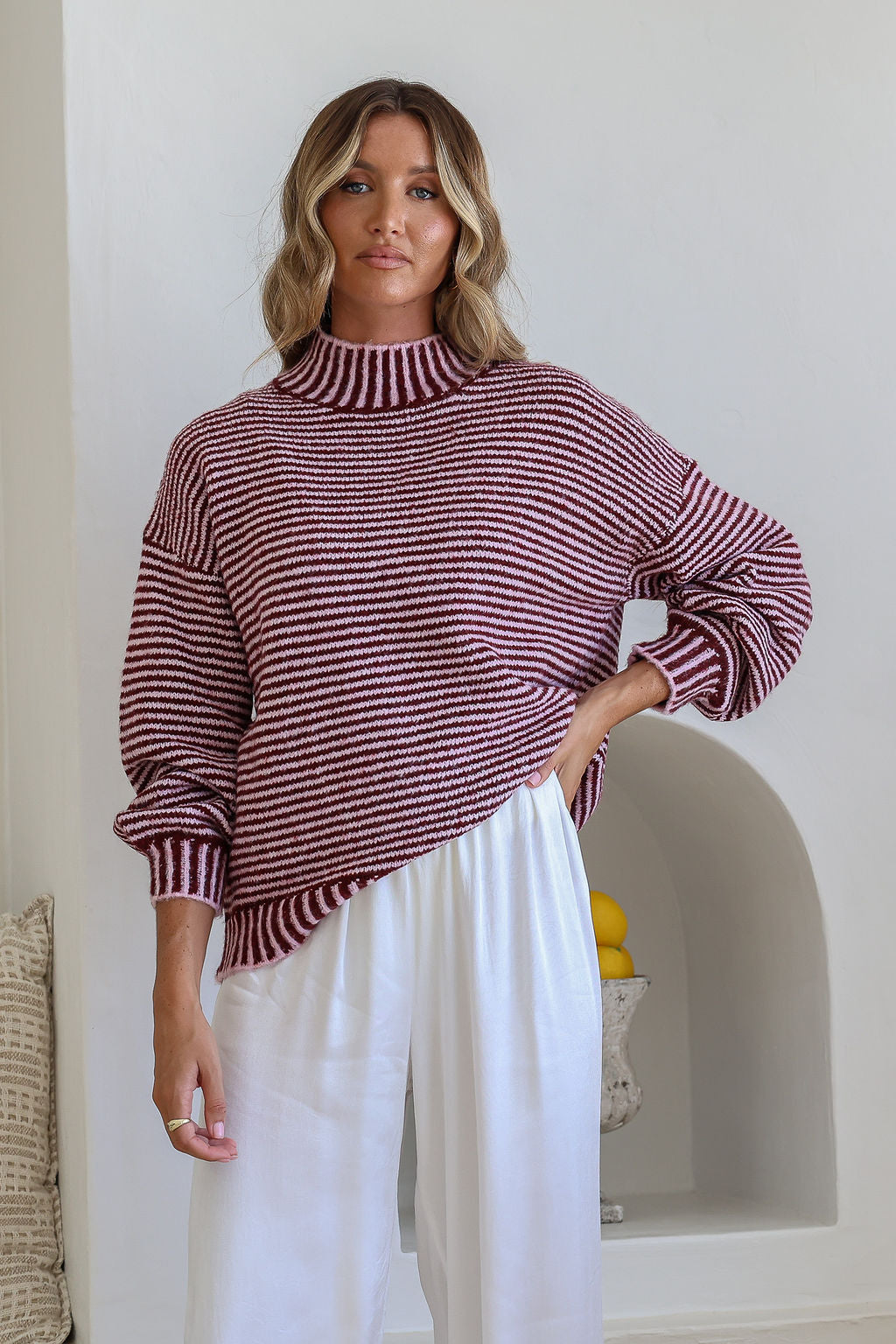 Billie Blanket Stitch Knit - Wine/Pink