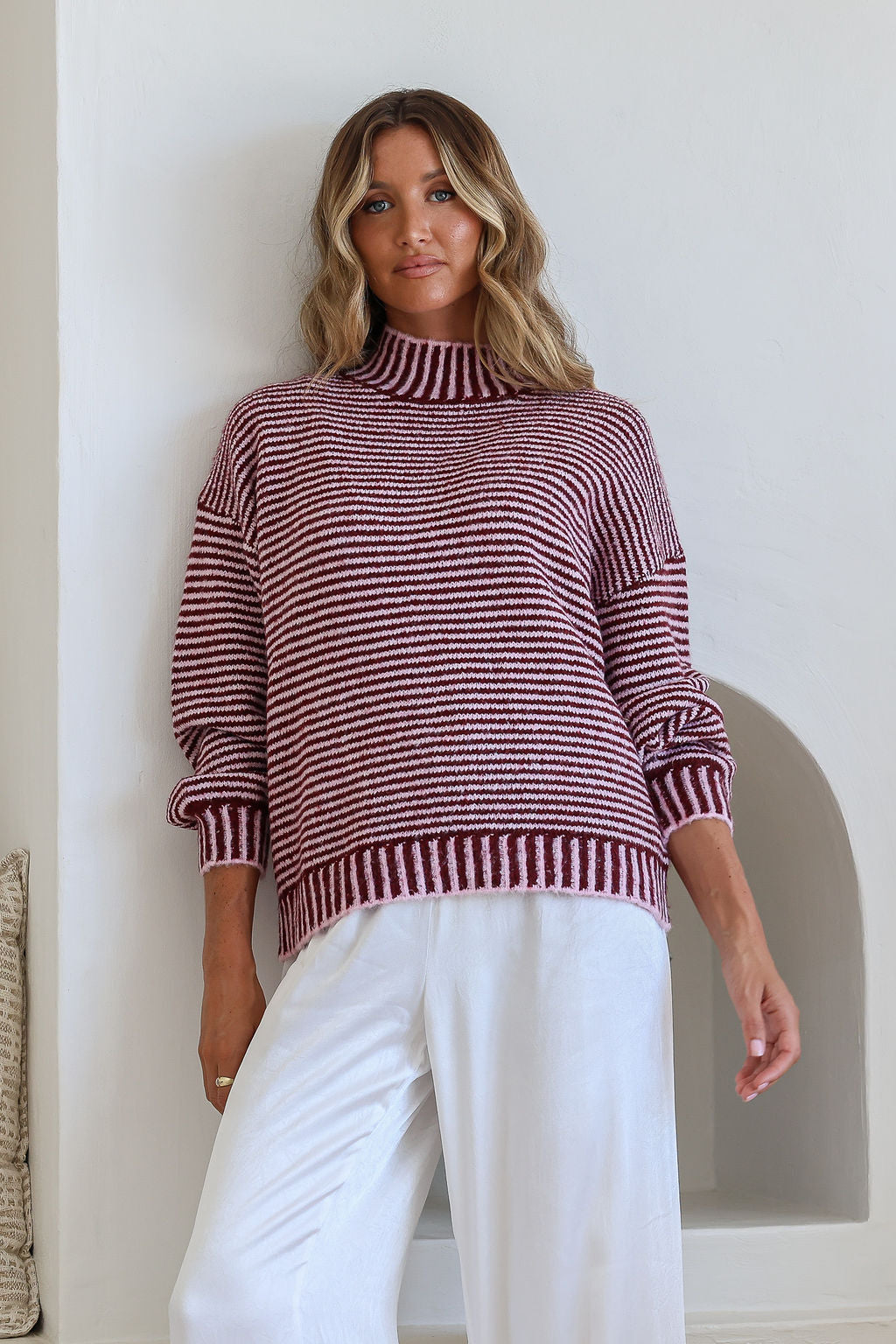 Billie Blanket Stitch Knit - Wine/Pink