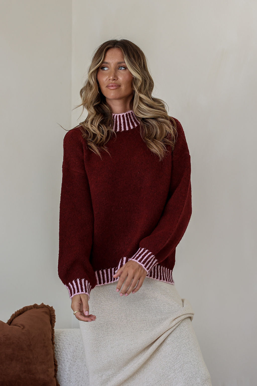 Tilly Blanket Stitch Knit - Wine/Pink