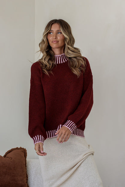 Tilly Blanket Stitch Knit - Wine/Pink