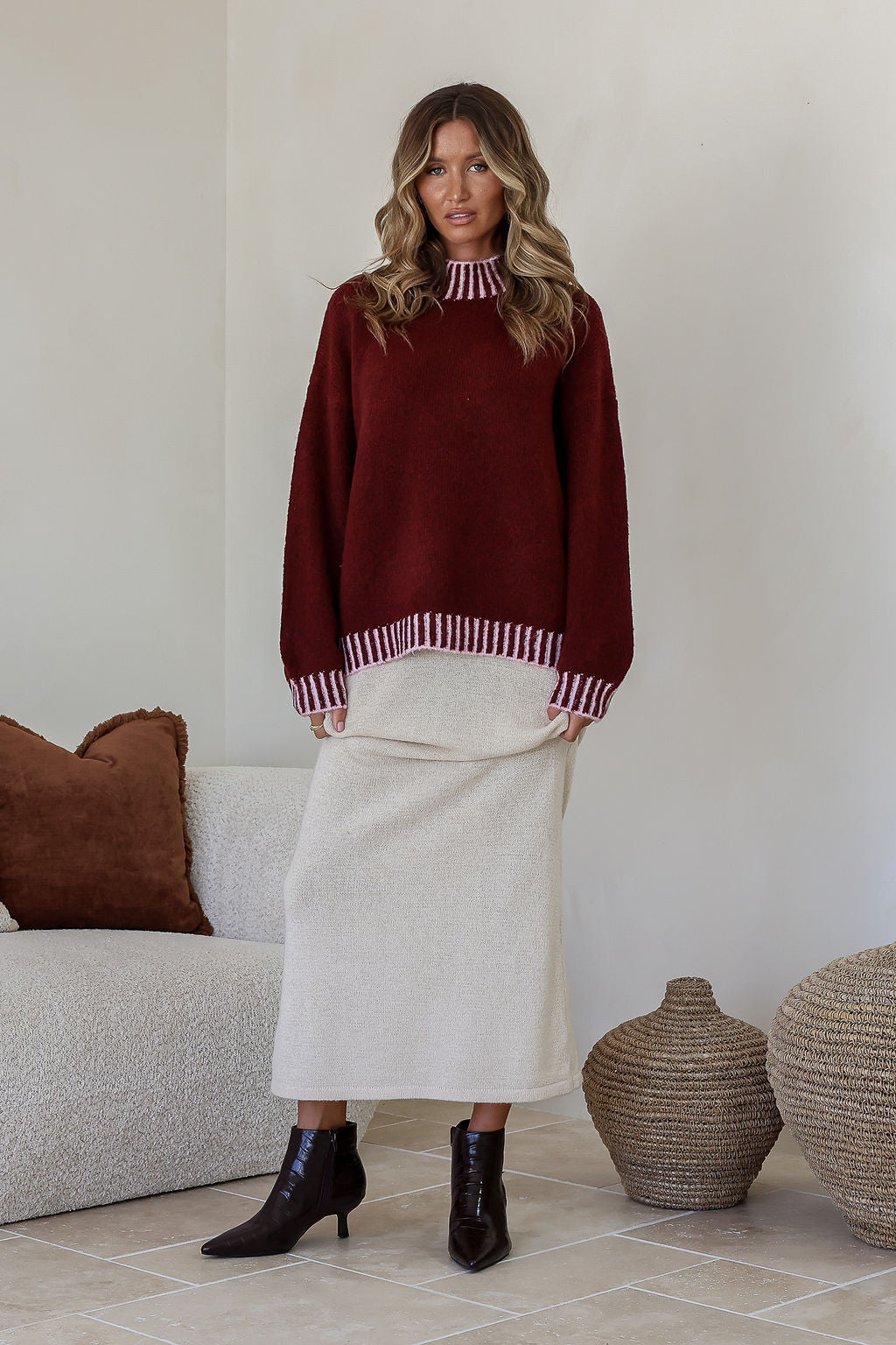 Tilly Blanket Stitch Knit - Wine/Pink