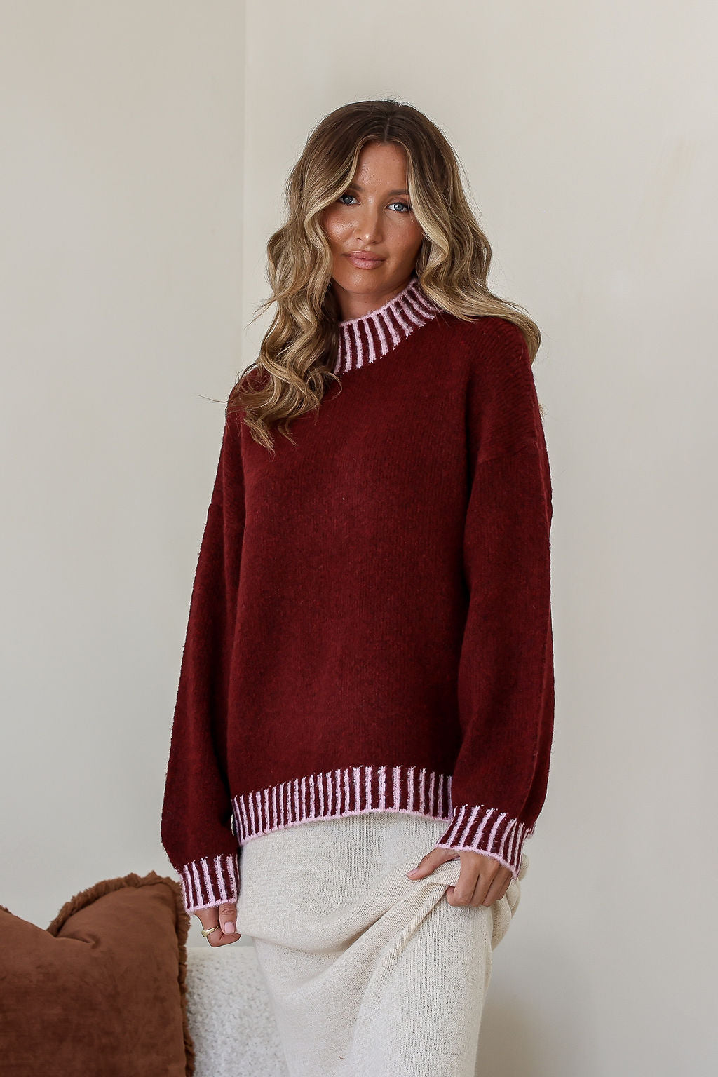 Tilly Blanket Stitch Knit - Wine/Pink
