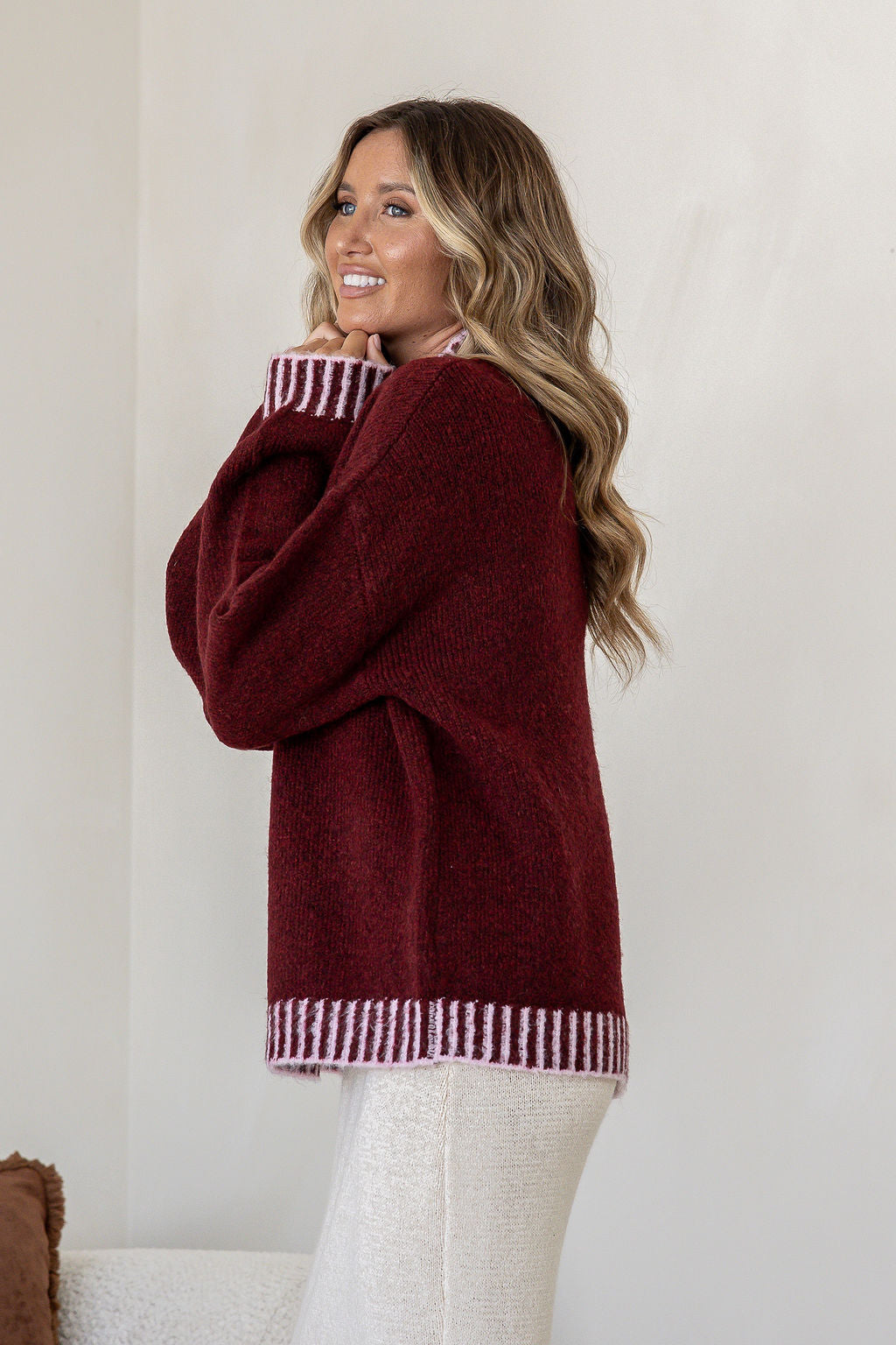 Tilly Blanket Stitch Knit - Wine/Pink