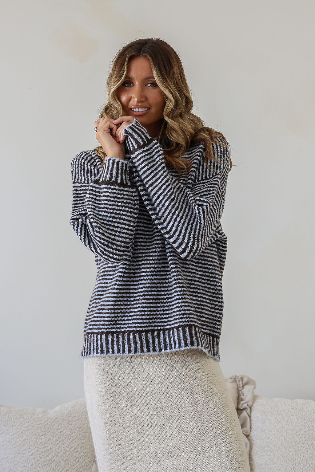 Billie Blanket Stitch Knit - Chocolate/Blue