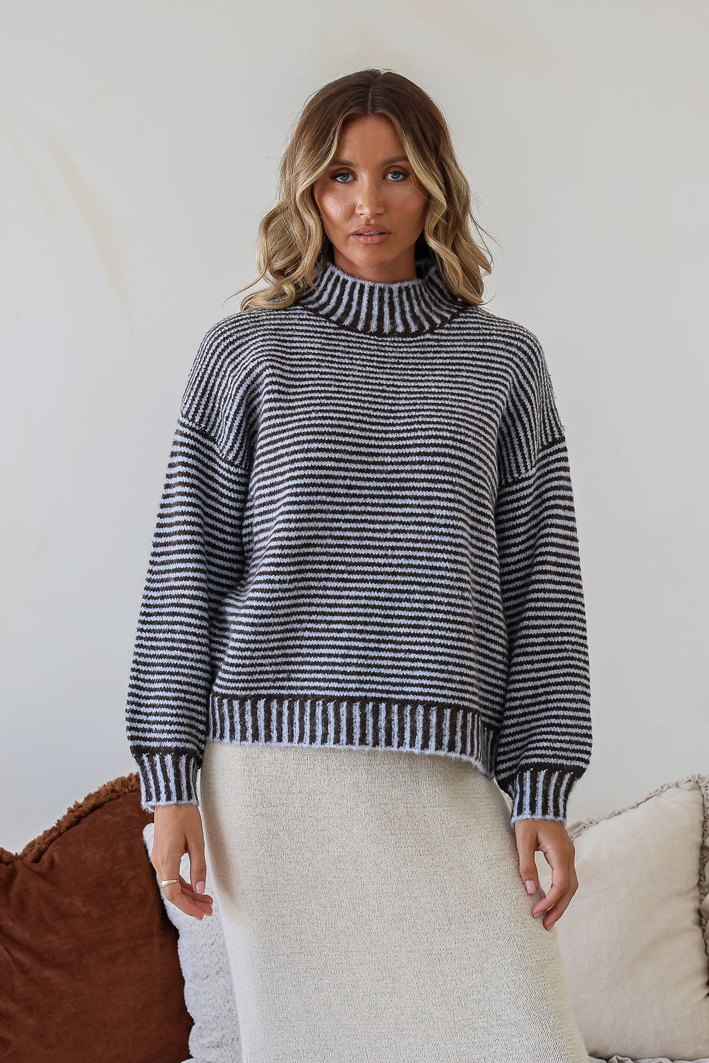 Billie Blanket Stitch Knit - Chocolate/Blue