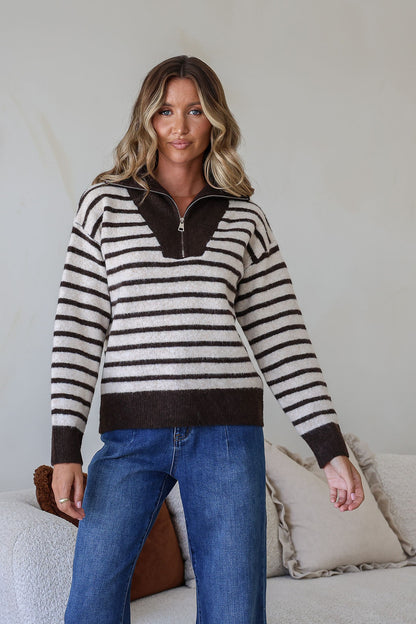 Stripe Zip Knit - Chocolate/Cream