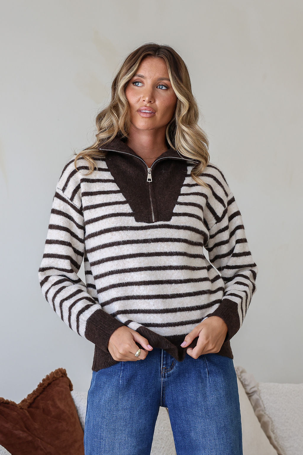 Stripe Zip Knit - Chocolate/Cream