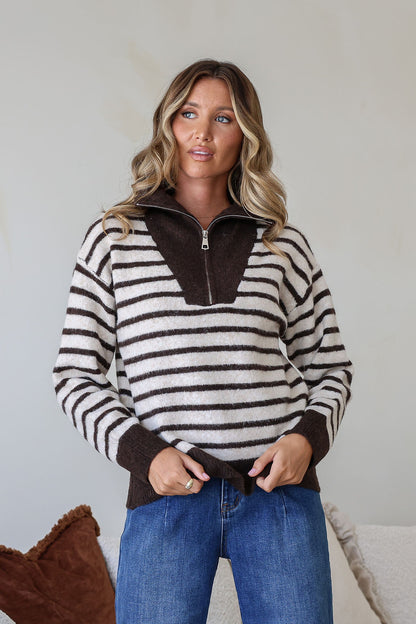 Stripe Zip Knit - Chocolate/Cream