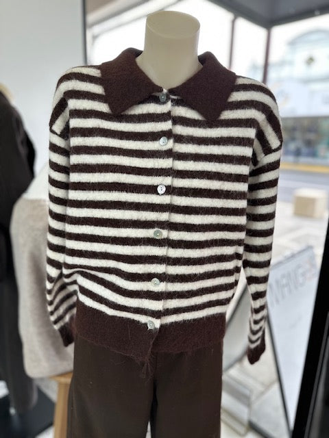 Elsie Striped Collared Cardigan - Chocolate/ Cream