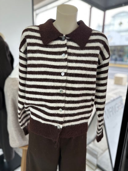 Elsie Striped Collared Cardigan - Chocolate/ Cream