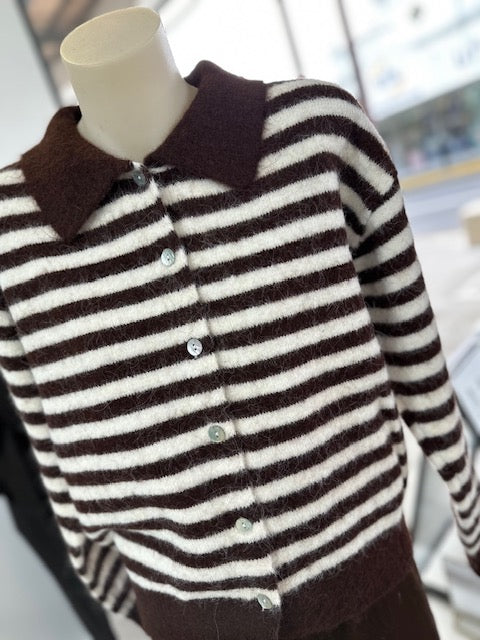 Elsie Striped Collared Cardigan - Chocolate/ Cream