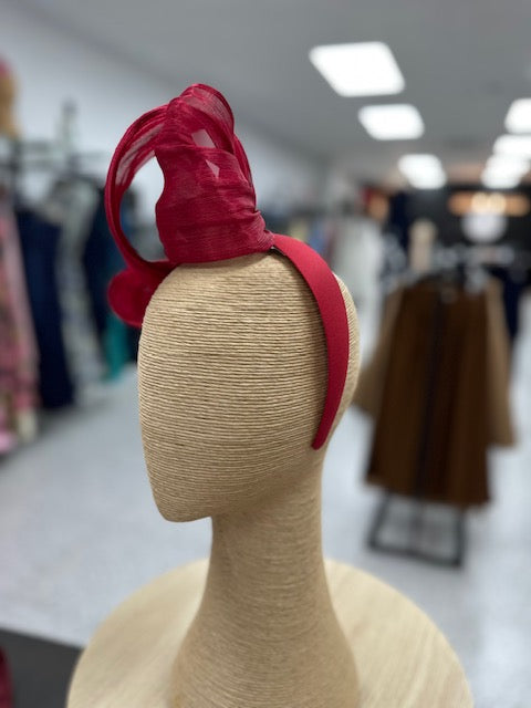 Deep Red Silk Abaca Fascinator with Sculptural Bow