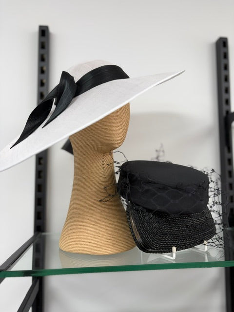 White & Black Wide Brim Fascinator Hat with Silk Abaca Trim
