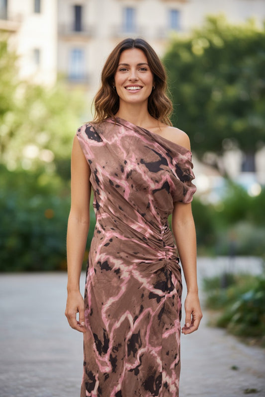 Rosy Draped Shoulder Dress - Choc/Pink