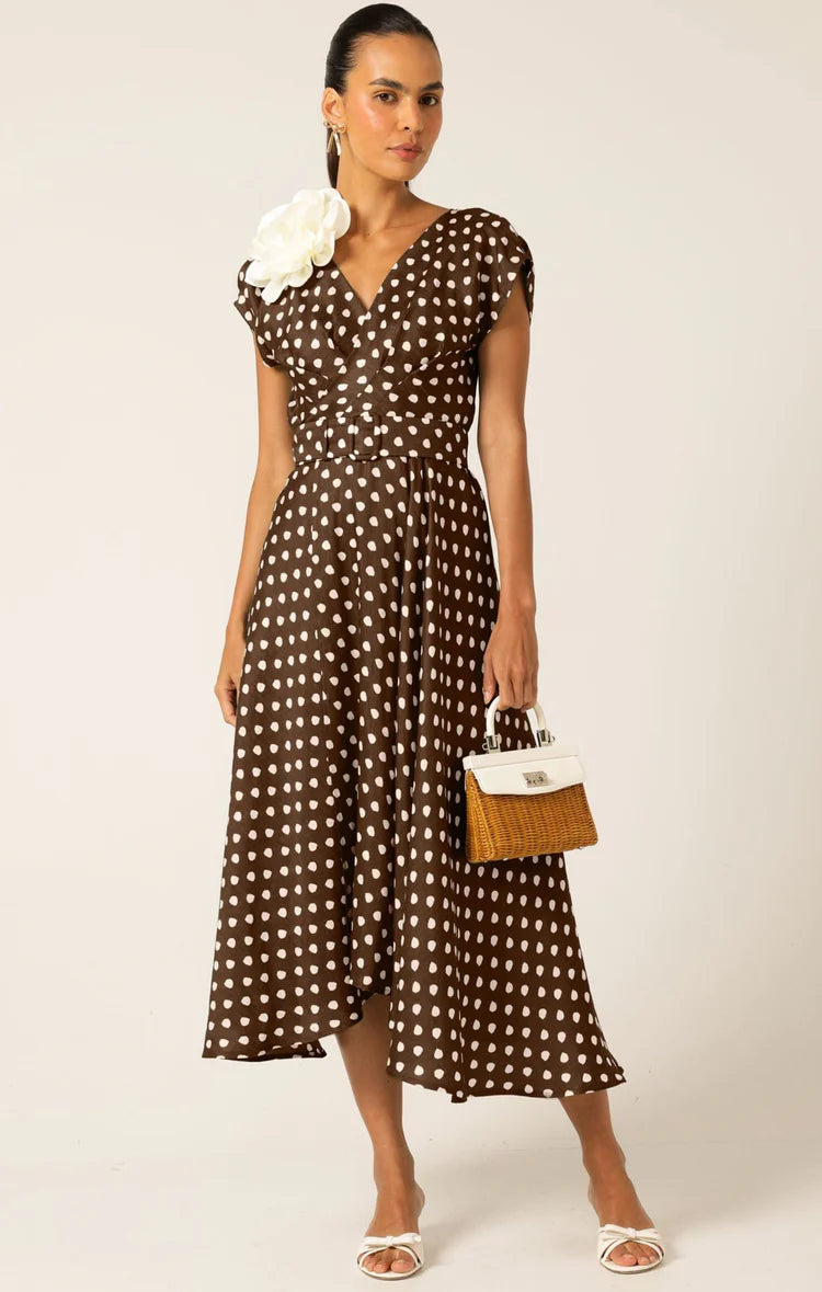 Sacha Drake Dottie Wrap Midi Dress - Choc Cream Spot COMING SOON