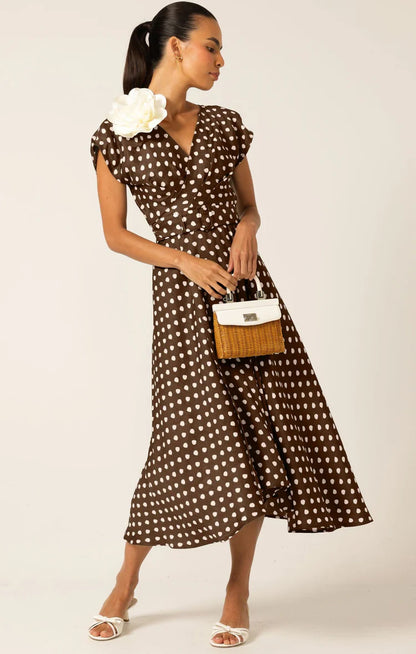 Sacha Drake Dottie Wrap Midi Dress - Choc Cream Spot COMING SOON