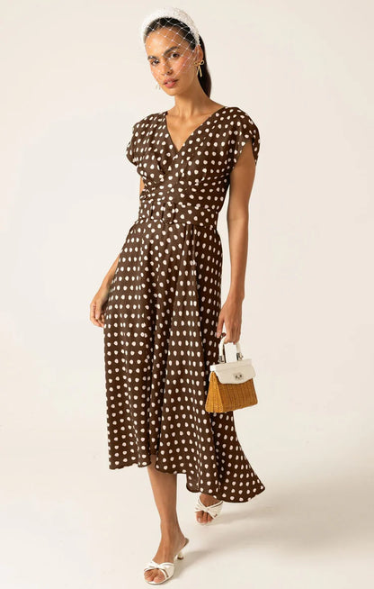Sacha Drake Dottie Wrap Midi Dress - Choc Cream Spot COMING SOON