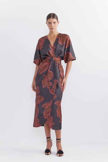 Pasduchas Farah Wrap Midi Dress in Dark Floral