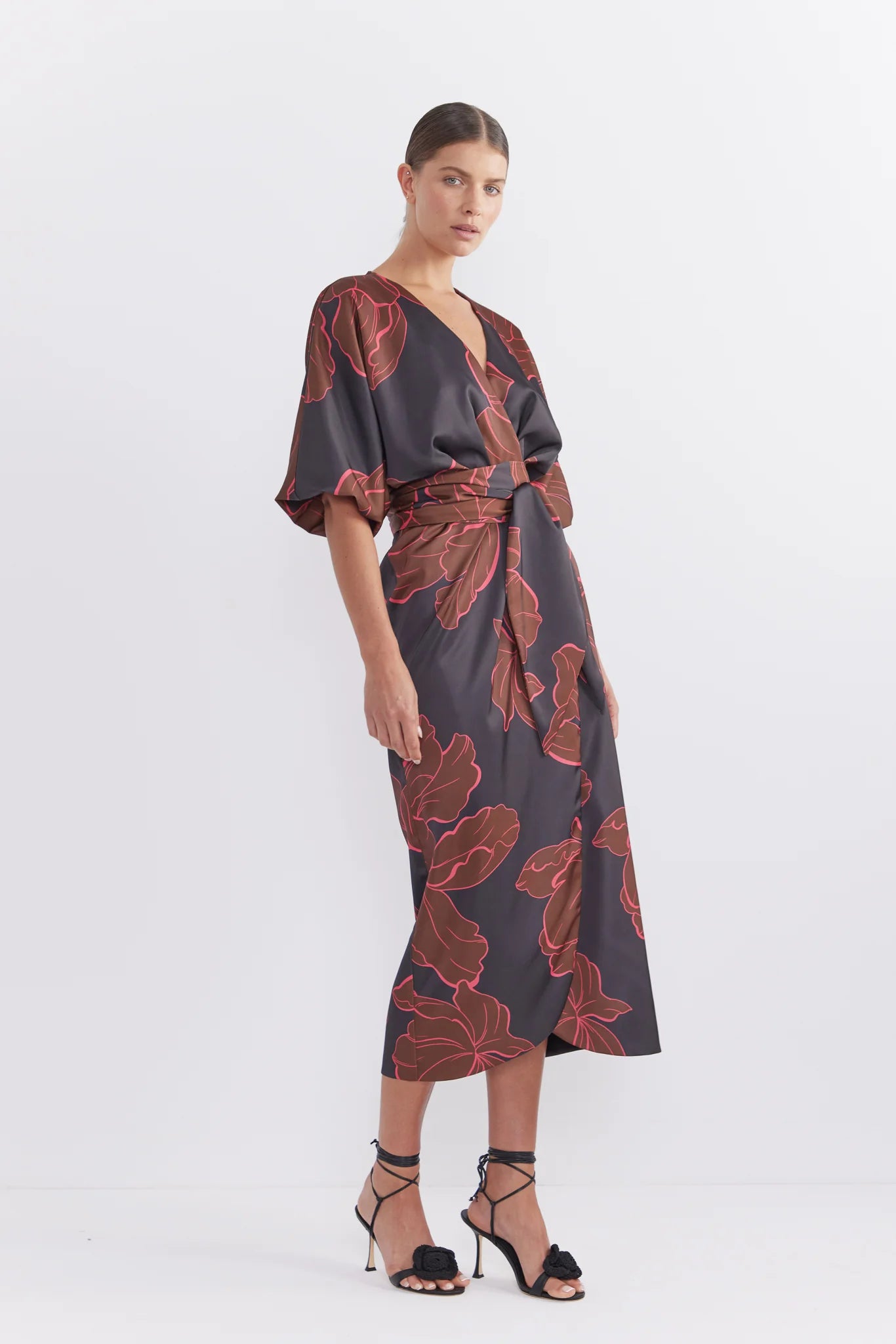 Pasduchas Farah Wrap Midi Dress in Dark Floral