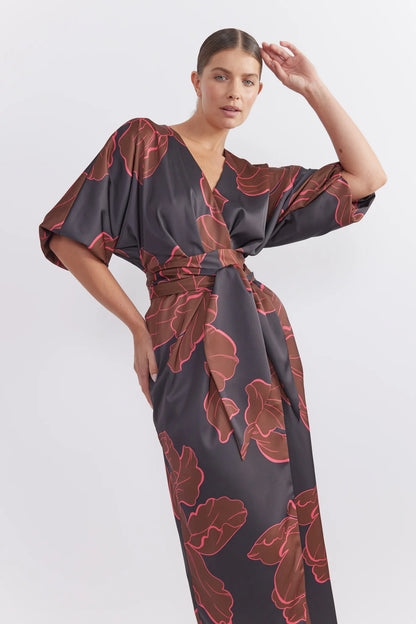 Pasduchas Farah Wrap Midi Dress in Dark Floral