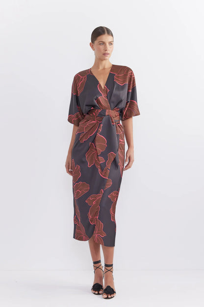 Pasduchas Farah Wrap Midi Dress in Dark Floral