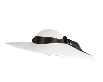 White & Black Wide Brim Fascinator Hat with Silk Abaca Trim
